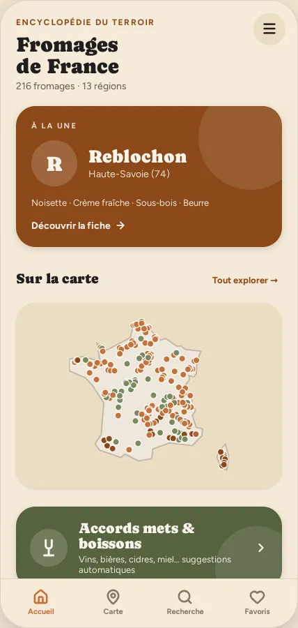 Écran d'accueil : fromage à la une, carte miniature et raccourcis