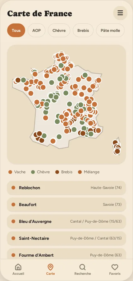 Carte de France des fromages, filtrable par appellation, lait et pâte
