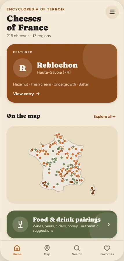 Home screen: featured cheese, mini map and shortcuts
