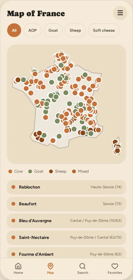 Map of France’s cheeses, filterable by appellation, milk and type