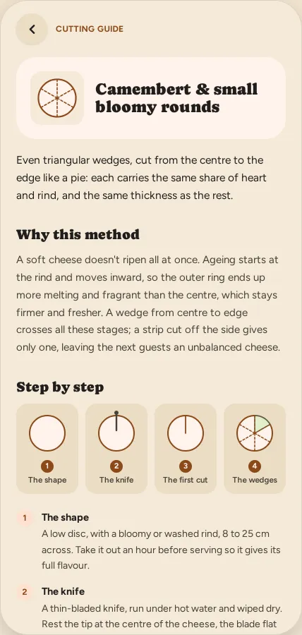 Cutting guide for camembert, illustrated step by step