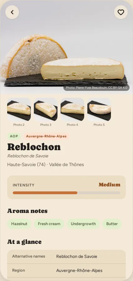 The Reblochon entry: photo, AOP and region badges, intensity, aroma notes, at-a-glance details