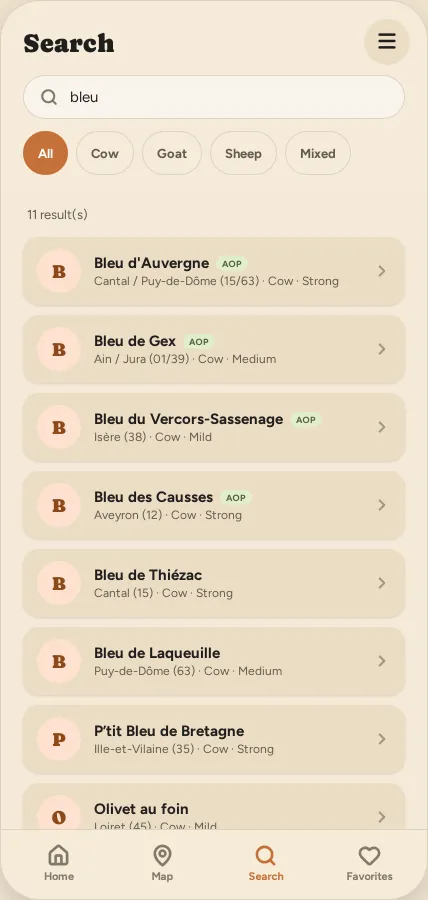 Search for “bleu”: eleven cheeses found, filterable by milk