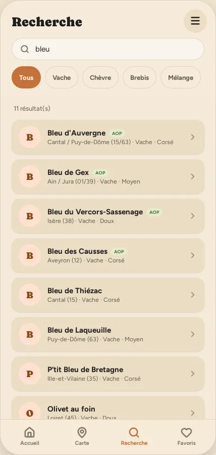 Recherche du mot « bleu » : onze fromages trouvés, filtrables par lait